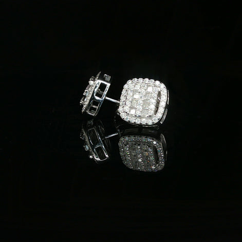 Men's Invisible-Set Princess Round Cluster Studs – 925 Sterling Silver | VVS Moissanite | 3D Tiered Cushion