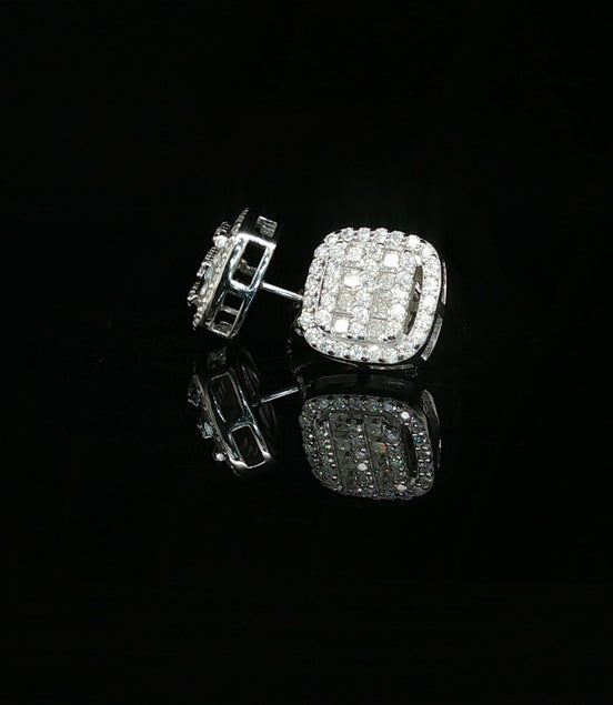 Men's Invisible-Set Princess Round Cluster Studs – 925 Sterling Silver | VVS Moissanite | 3D Tiered Cushion