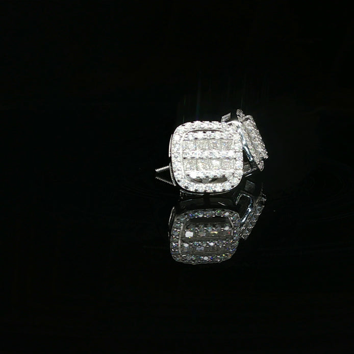 Men's Invisible-Set Princess Round Cluster Studs – 925 Sterling Silver | VVS Moissanite | 3D Tiered Cushion