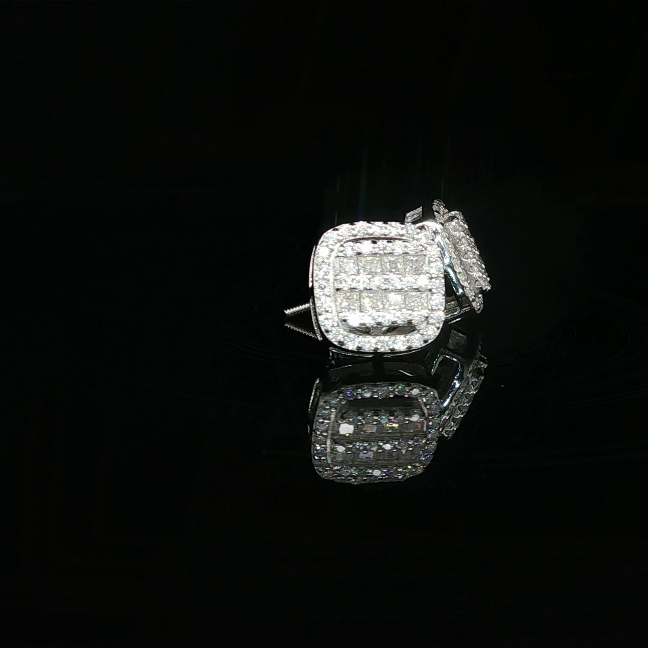 Men's Invisible-Set Princess Round Cluster Studs – 925 Sterling Silver | VVS Moissanite | 3D Tiered Cushion