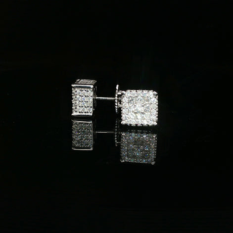 Men's Iced Out 3D Block Stud Earrings – 925 Sterling Silver | Full-Flood VVS Moissanite