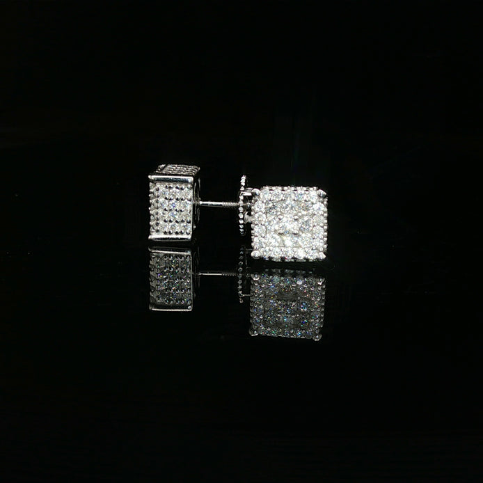 Men's Iced Out 3D Block Stud Earrings – 925 Sterling Silver | Full-Flood VVS Moissanite