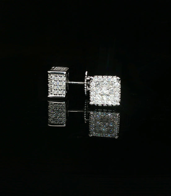 Men's Iced Out 3D Block Stud Earrings – 925 Sterling Silver | Full-Flood VVS Moissanite