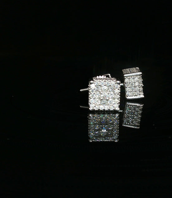 Men's Iced Out 3D Block Stud Earrings – 925 Sterling Silver | Full-Flood VVS Moissanite