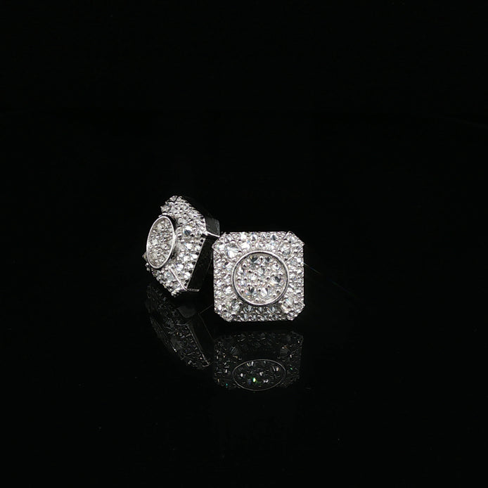 Men's Iced Out "Circle-in-Square" Stud Earrings – 925 Sterling Silver | VVS Moissanite | Geometric 3D Cluster