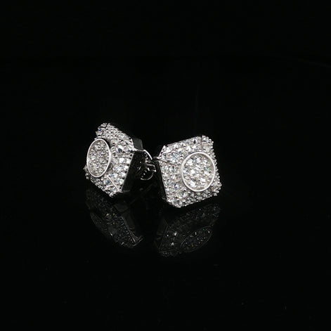 Men's Iced Out "Circle-in-Square" Stud Earrings – 925 Sterling Silver | VVS Moissanite | Geometric 3D Cluster