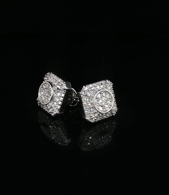Men's Iced Out "Circle-in-Square" Stud Earrings – 925 Sterling Silver | VVS Moissanite | Geometric 3D Cluster