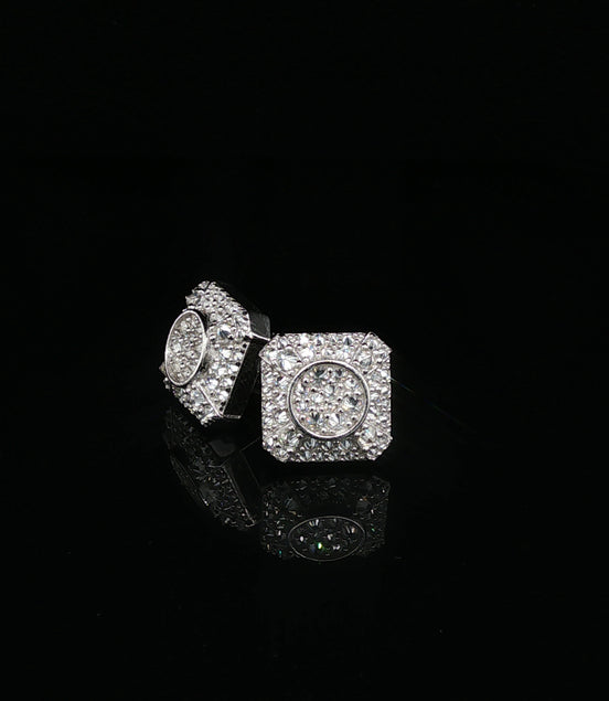 Men's Iced Out "Circle-in-Square" Stud Earrings – 925 Sterling Silver | VVS Moissanite | Geometric 3D Cluster