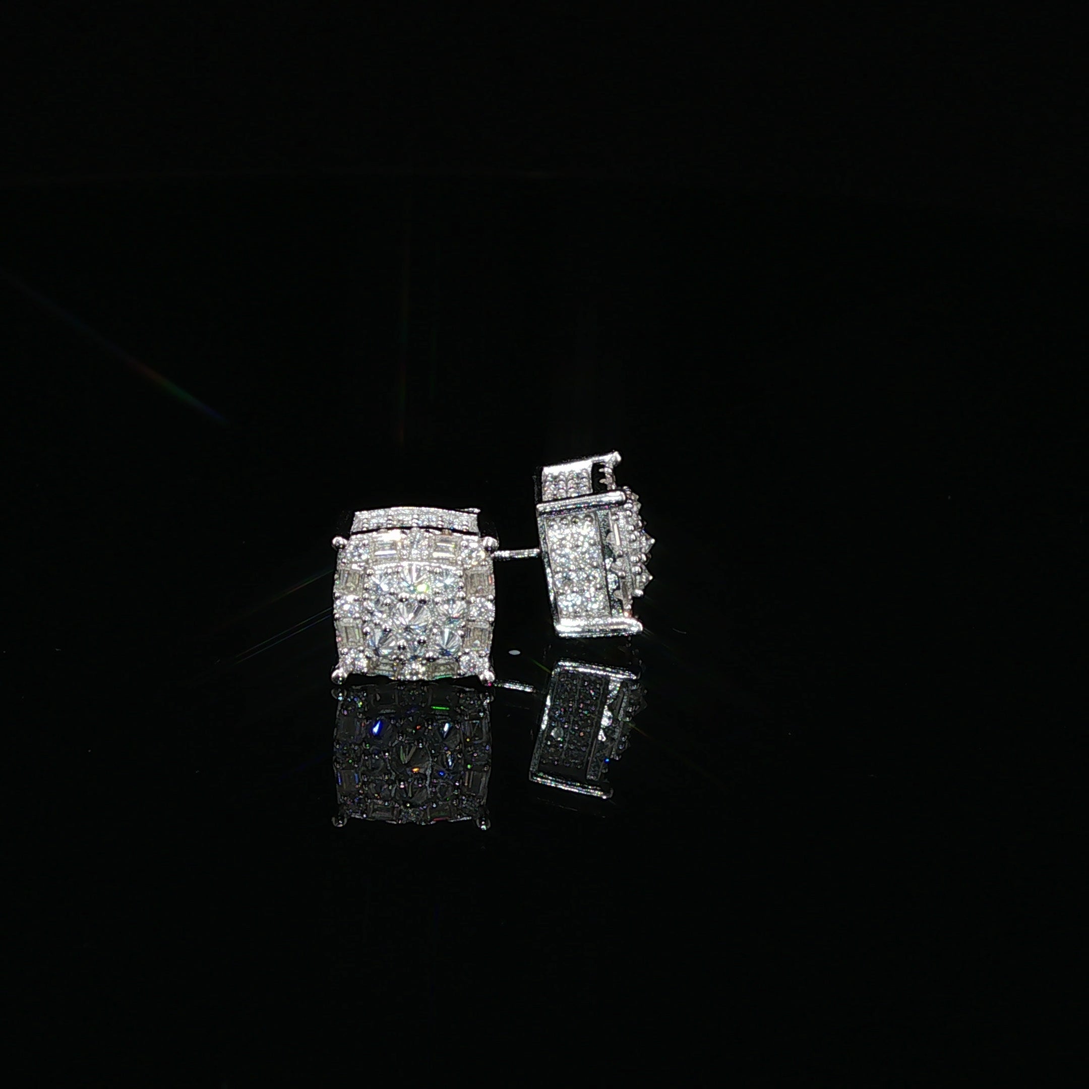 925 Sterling Silver Iced Out Square Baguette Halo Moissanite Stud Earrings - 0.7 Ctw Available with Silver and Gold Finished