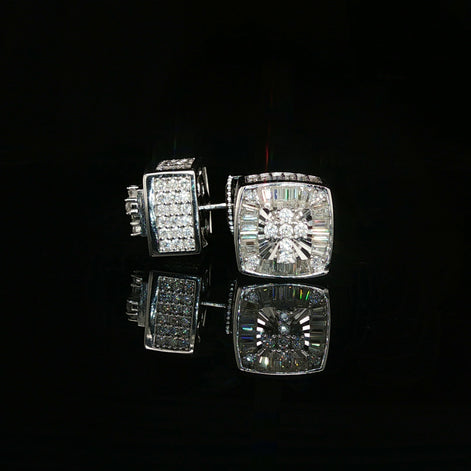 Men's Iced Out Multi-Cut Block Studs – 925 Sterling Silver | Baguette & Round VVS Moissanite