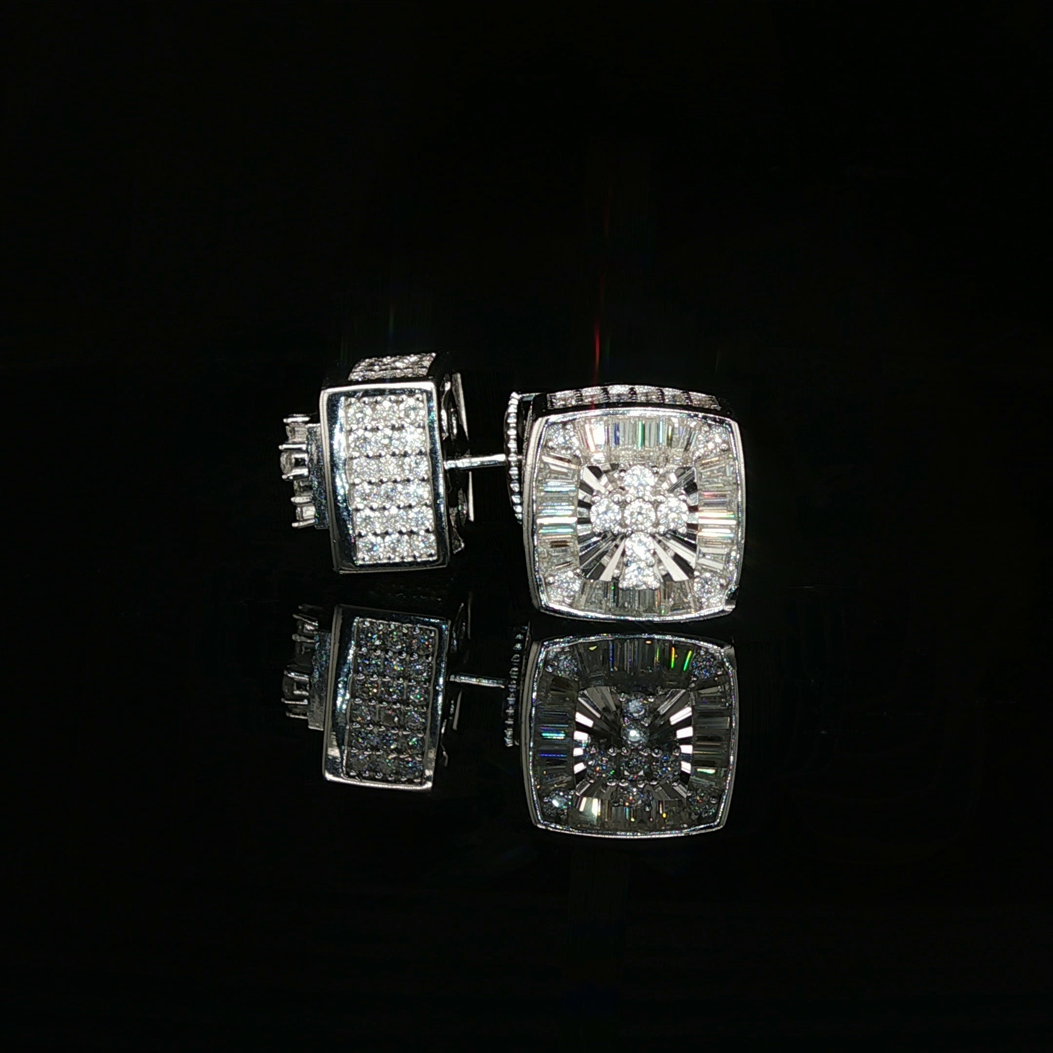 Men's Iced Out Multi-Cut Block Studs – 925 Sterling Silver | Baguette & Round VVS Moissanite