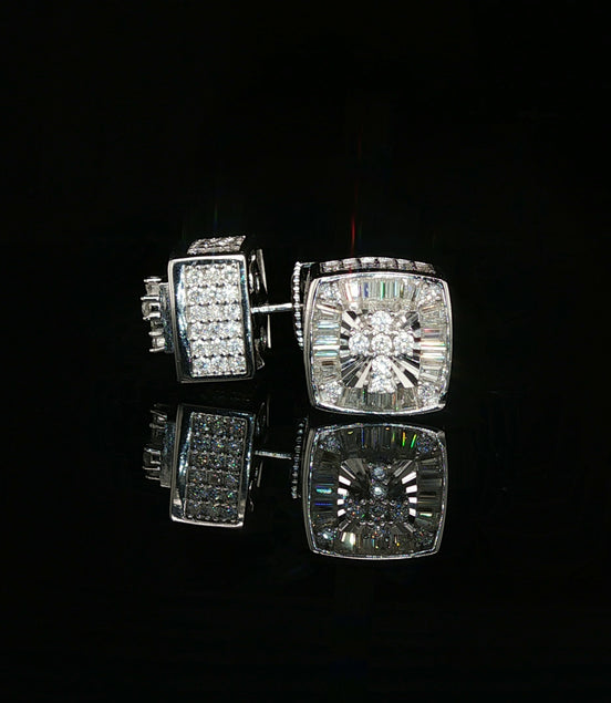 Men's Iced Out Multi-Cut Block Studs – 925 Sterling Silver | Baguette & Round VVS Moissanite