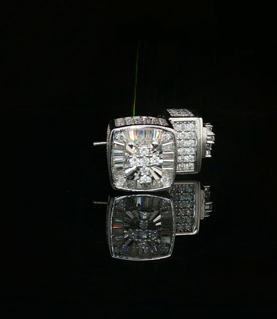 Men's Iced Out Multi-Cut Block Studs – 925 Sterling Silver | Baguette & Round VVS Moissanite