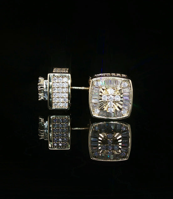 Men's Iced Out Multi-Cut Block Studs – 925 Sterling Silver | Baguette & Round VVS Moissanite