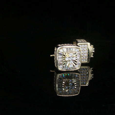 Men's Iced Out Multi-Cut Block Studs – 925 Sterling Silver | Baguette & Round VVS Moissanite