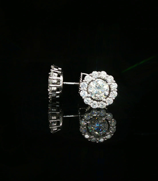 Men's Iced Out Round Flower Halo Studs – 925 Sterling Silver | VVS Moissanite | 14K Gold Rhodium Options