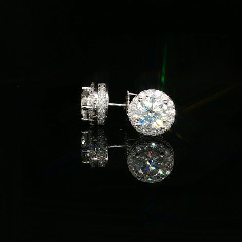 Men's Iced Out Round Solitaire Halo Studs – 925 Sterling Silver | VVS Moissanite | 3D Tiered Gallery