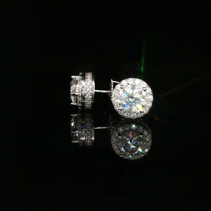 Men's Iced Out Round Solitaire Halo Studs – 925 Sterling Silver | VVS Moissanite | 3D Tiered Gallery