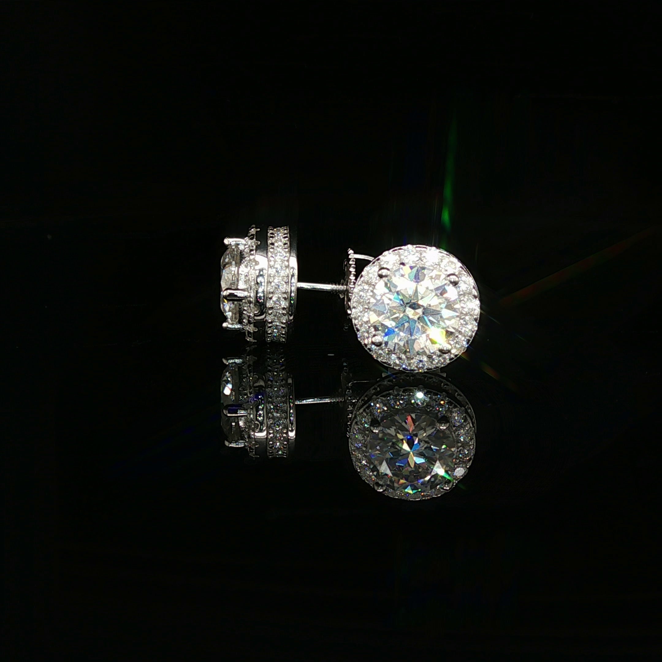 Men's Iced Out Round Solitaire Halo Studs – 925 Sterling Silver | VVS Moissanite | 3D Tiered Gallery
