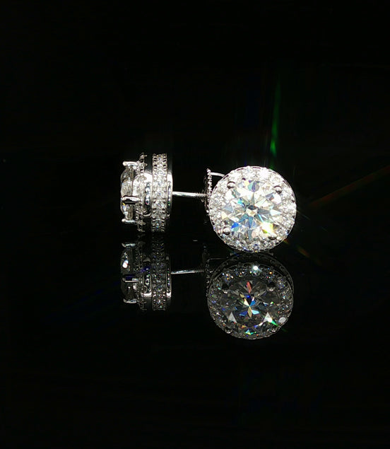 Men's Iced Out Round Solitaire Halo Studs – 925 Sterling Silver | VVS Moissanite | 3D Fully Flooded Gallery
