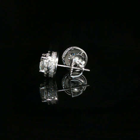 Men's Iced Out Round Solitaire Halo Studs – 925 Sterling Silver | VVS Moissanite | 3D Tiered Gallery