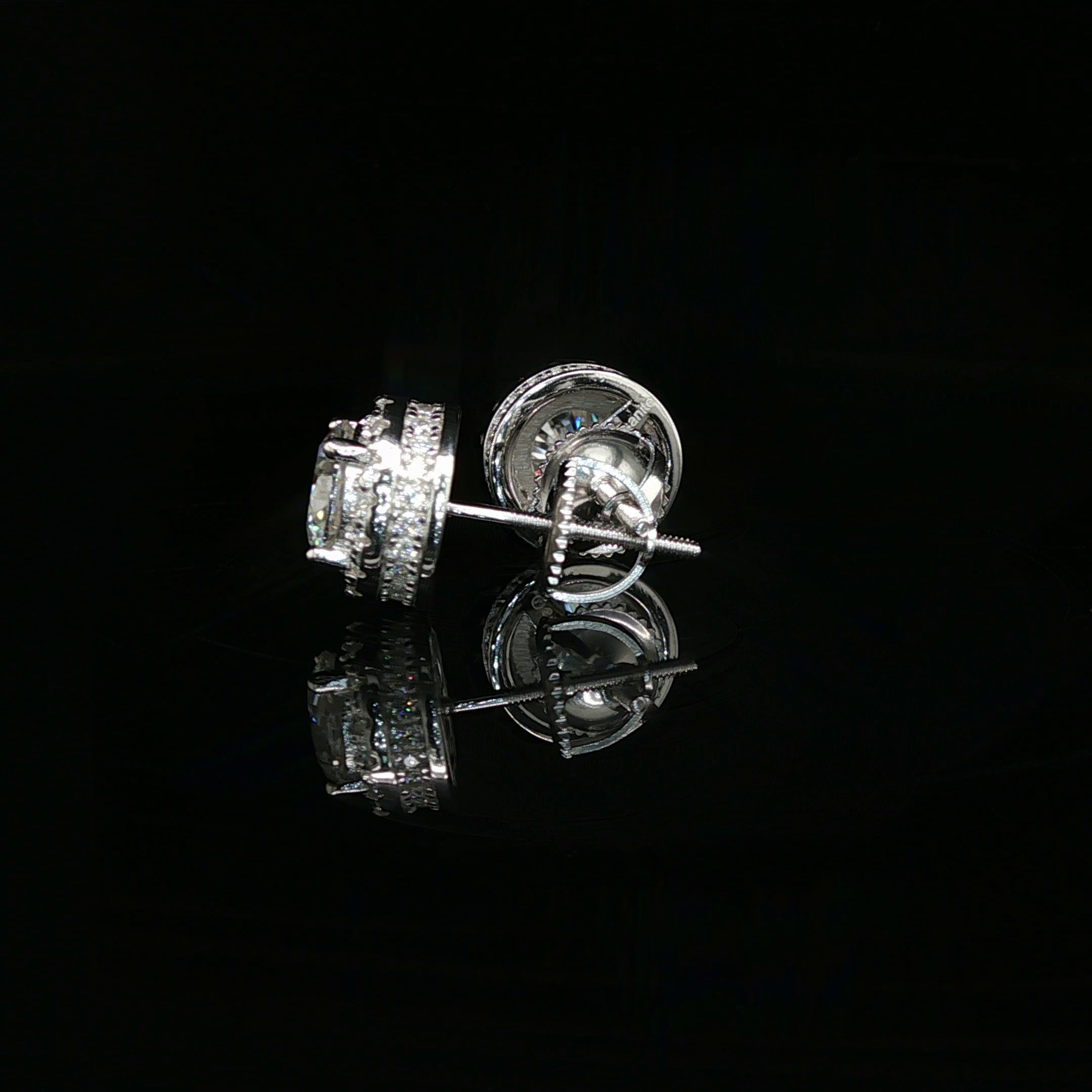 Men's Iced Out Round Solitaire Halo Studs – 925 Sterling Silver | VVS Moissanite | 3D Tiered Gallery