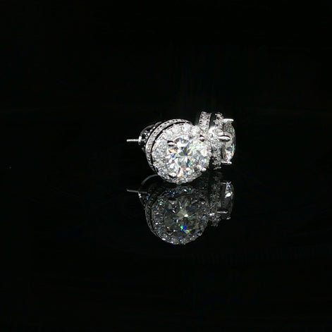 Men's Iced Out Round Solitaire Halo Studs – 925 Sterling Silver | VVS Moissanite | 3D Tiered Gallery