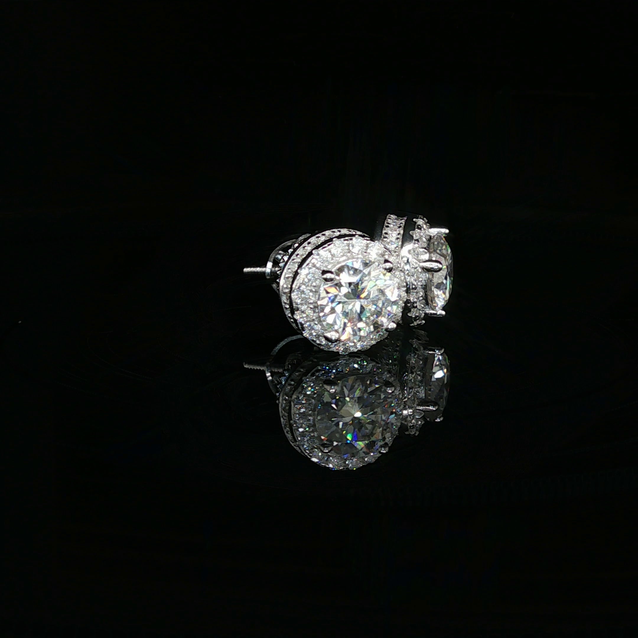 Men's Iced Out Round Solitaire Halo Studs – 925 Sterling Silver | VVS Moissanite | 3D Tiered Gallery