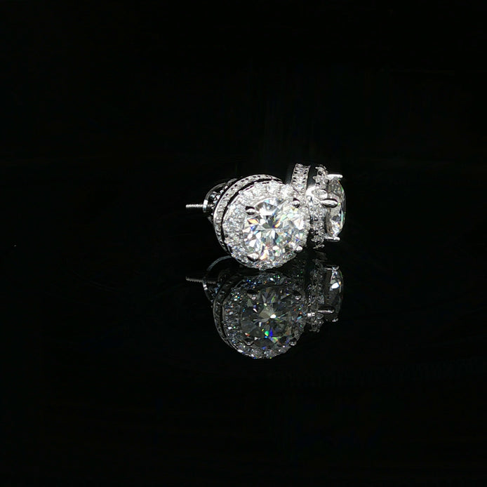 Men's Iced Out Round Solitaire Halo Studs – 925 Sterling Silver | VVS Moissanite | 3D Fully Flooded Gallery