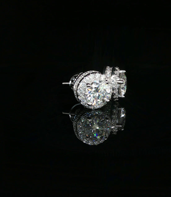 Men's Iced Out Round Solitaire Halo Studs – 925 Sterling Silver | VVS Moissanite | 3D Fully Flooded Gallery