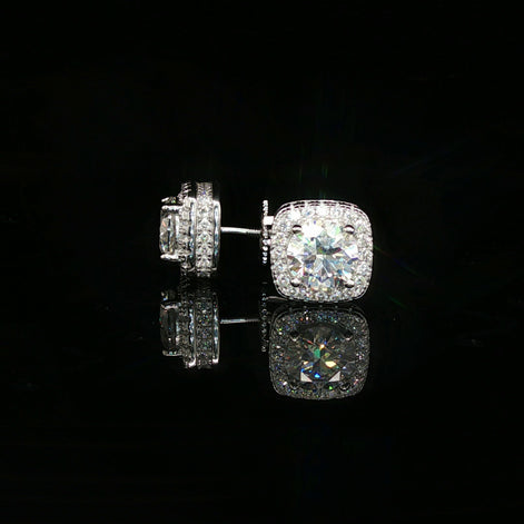 Men's Iced Out Round Solitaire Cushion Halo Studs – 925 Sterling Silver | VVS Moissanite | 3D Fully Flooded Profile