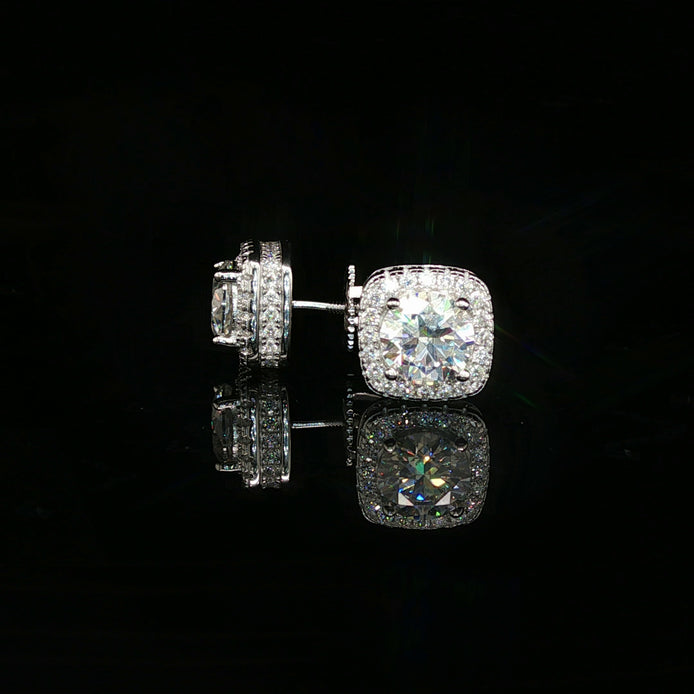 Men's Iced Out Round Solitaire Cushion Halo Studs – 925 Sterling Silver | VVS Moissanite | 3D Fully Flooded Profile
