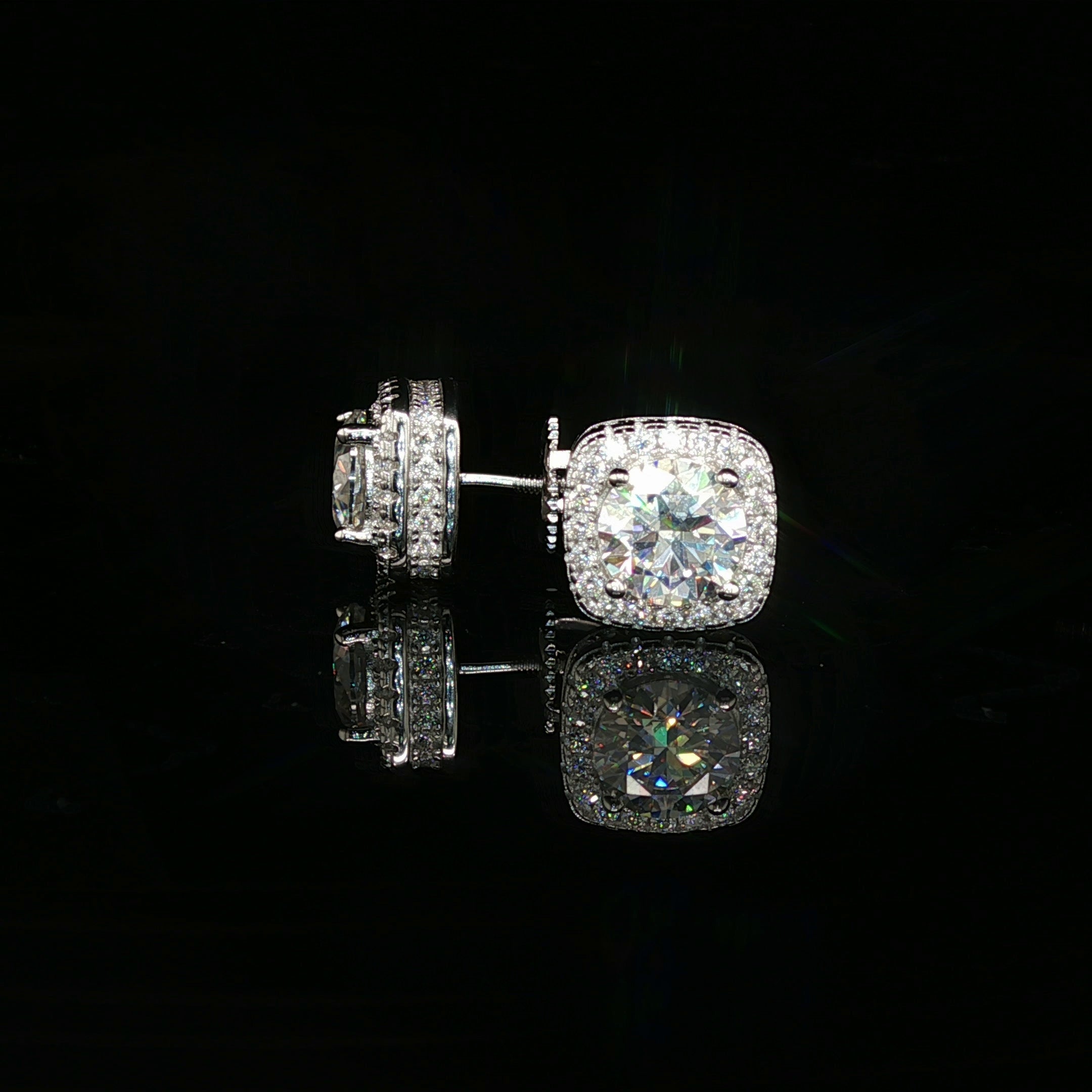 Men's Iced Out Round Solitaire Cushion Halo Studs – 925 Sterling Silver | VVS Moissanite | 3D Fully Flooded Profile