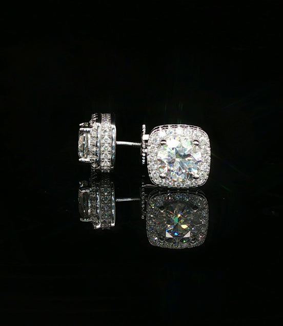Men's Iced Out Round Solitaire Cushion Halo Studs – 925 Sterling Silver | VVS Moissanite | 3D Fully Flooded Profile
