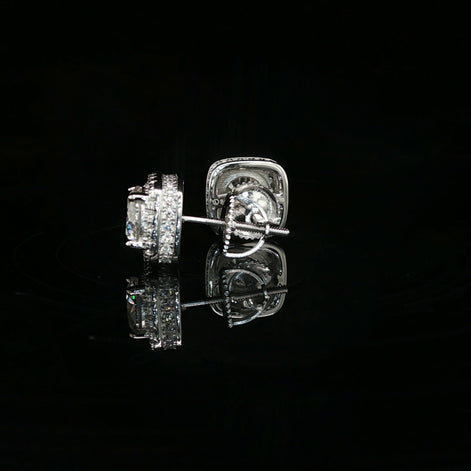 Men's Iced Out Round Solitaire Cushion Halo Studs – 925 Sterling Silver | VVS Moissanite | 3D Fully Flooded Profile