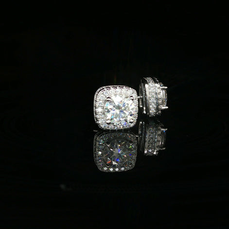 Men's Iced Out Round Solitaire Cushion Halo Studs – 925 Sterling Silver | VVS Moissanite | 3D Fully Flooded Profile