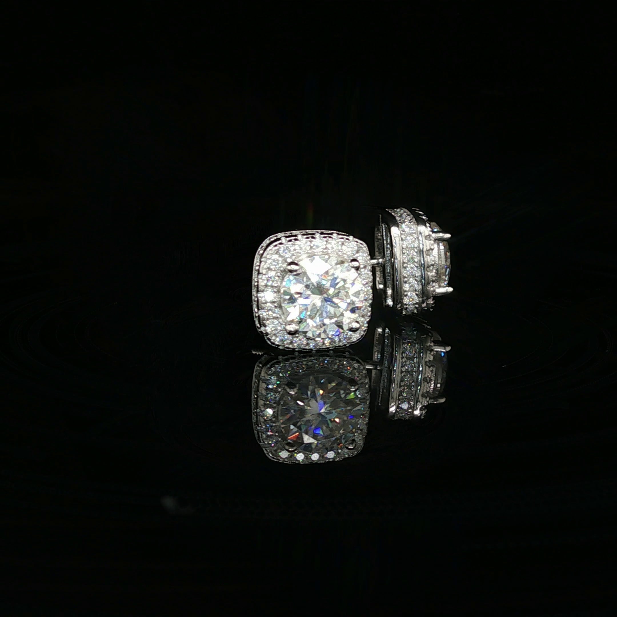 Men's Iced Out Round Solitaire Cushion Halo Studs – 925 Sterling Silver | VVS Moissanite | 3D Fully Flooded Profile