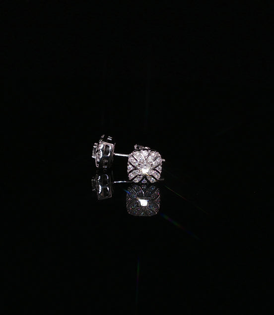 Vintage Flower Cushion Moissanite Stud Earrings| 925 Sterling Silver| 0.25 Ctw Screw Back | 6.7mm
