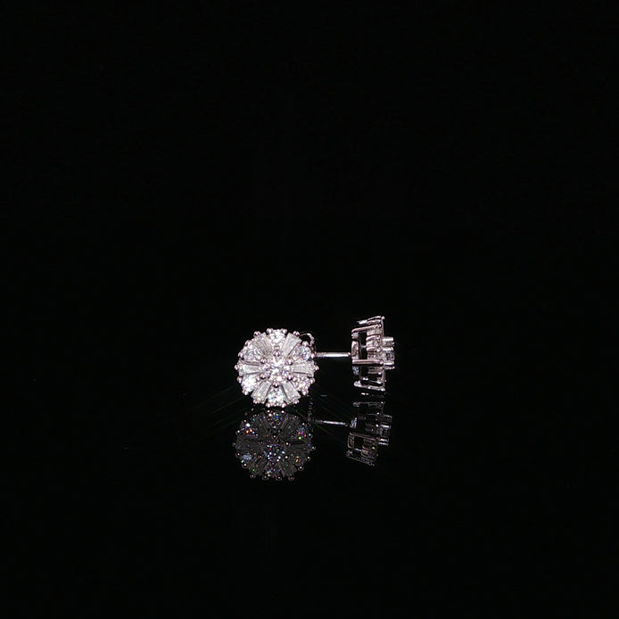Sunburst Round Moissanite Stud Earrings |925 Sterling Silver |0.65 Ctw Baguette & Round Screw | 7.8mmBack Studs