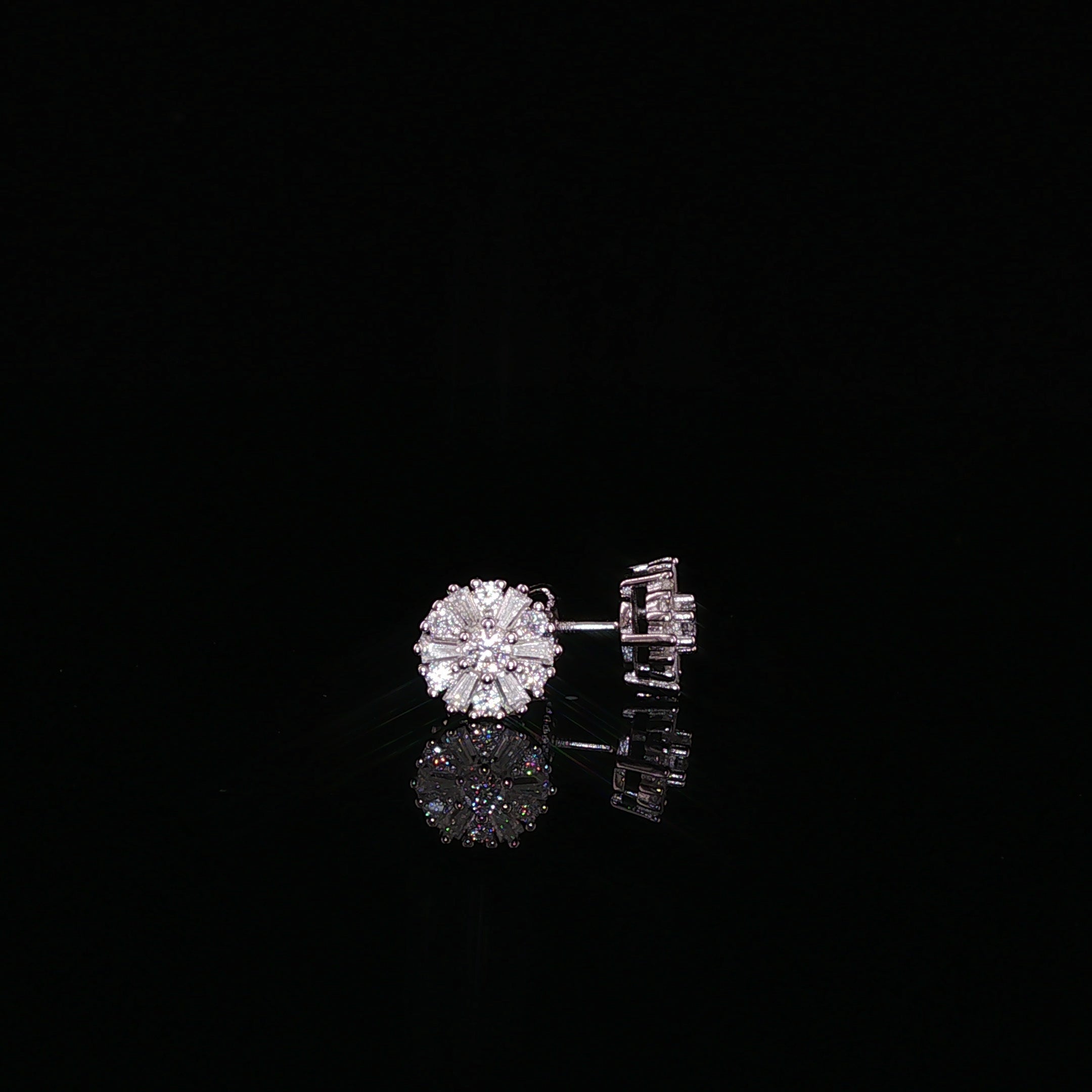Sunburst Round Moissanite Stud Earrings |925 Sterling Silver |0.65 Ctw Baguette & Round Screw | 7.8mmBack Studs