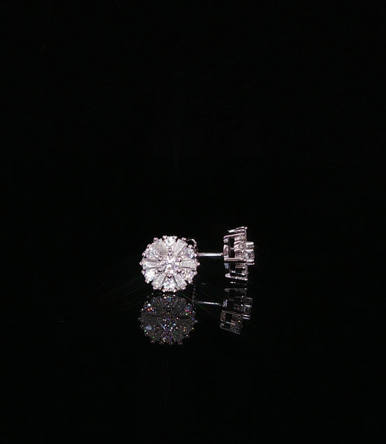 Sunburst Round Moissanite Stud Earrings |925 Sterling Silver |0.65 Ctw Baguette & Round Screw | 7.8mmBack Studs