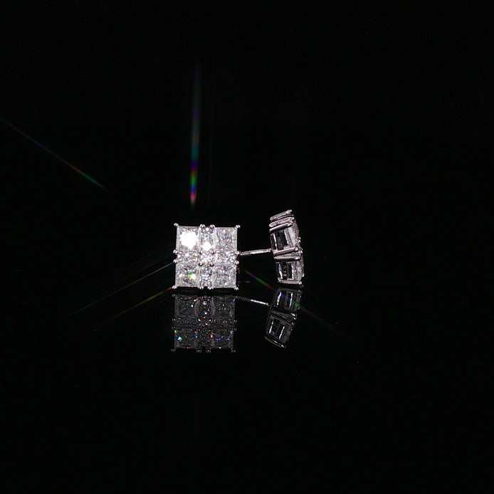 Princess Cut Square Cluster Moissanite Stud Earrings| 925 Sterling Silver| 2.40 Ctw Prong Set Screw Back | 8.5mm