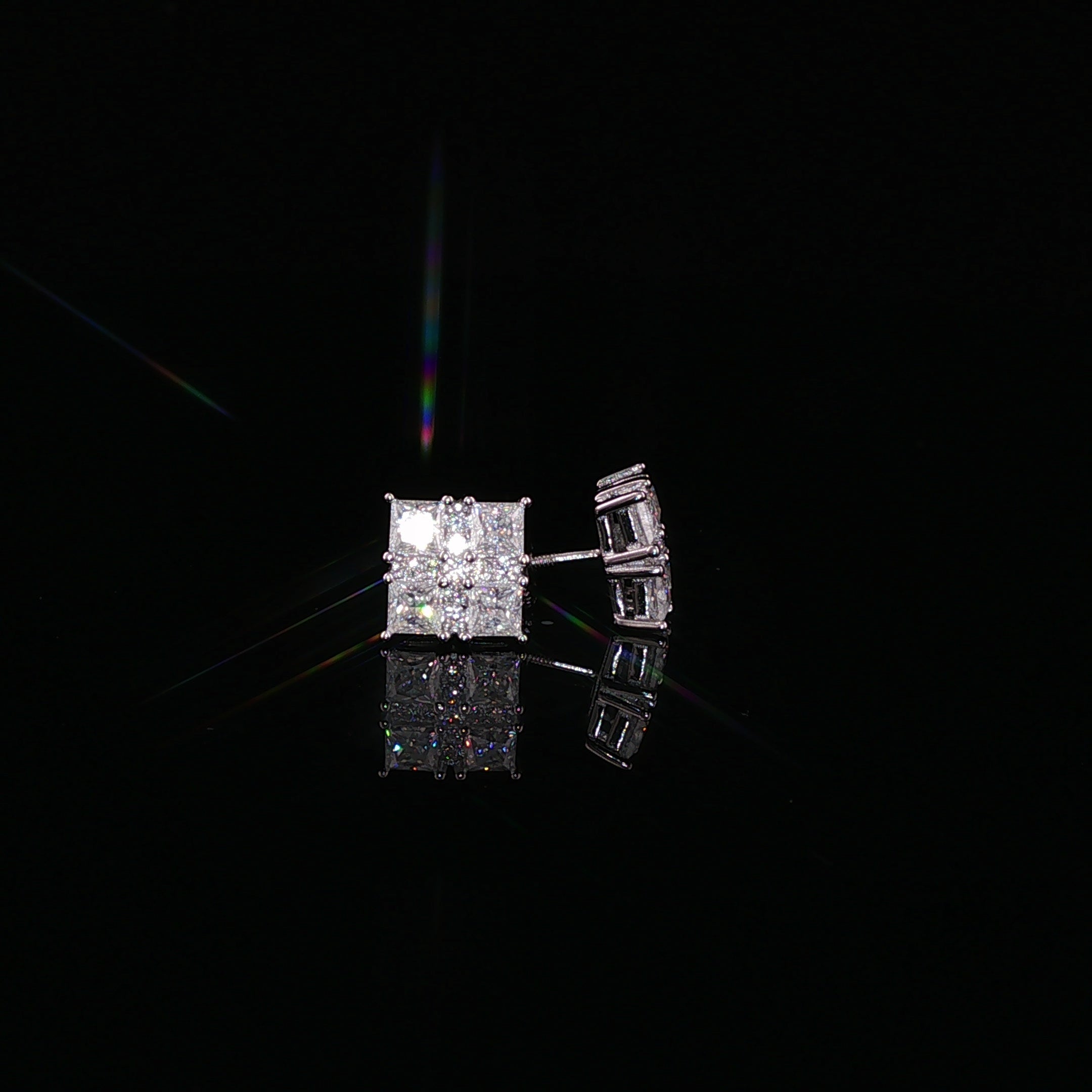Princess Cut Square Cluster Moissanite Stud Earrings| 925 Sterling Silver| 2.40 Ctw Prong Set Screw Back | 8.5mm