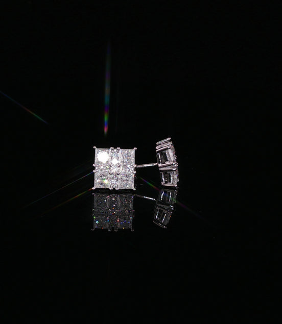 Princess Cut Square Cluster Moissanite Stud Earrings| 925 Sterling Silver| 2.40 Ctw Prong Set Screw Back | 8.5mm