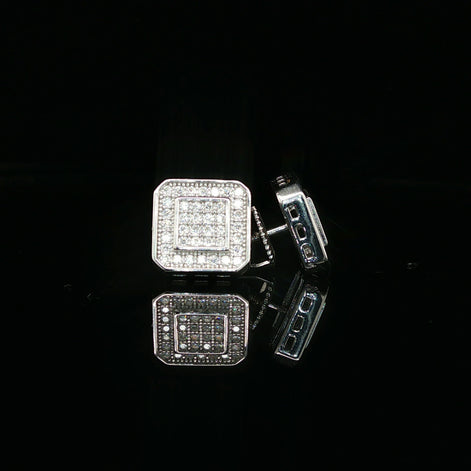 Men's Iced Out Tiered Square Stud Earrings – 925 Sterling Silver | VVS Moissanite | 3D Halo Architecture