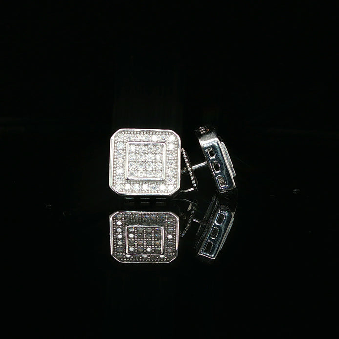 Men's Iced Out Tiered Square Stud Earrings – 925 Sterling Silver | VVS Moissanite | 3D Halo Architecture