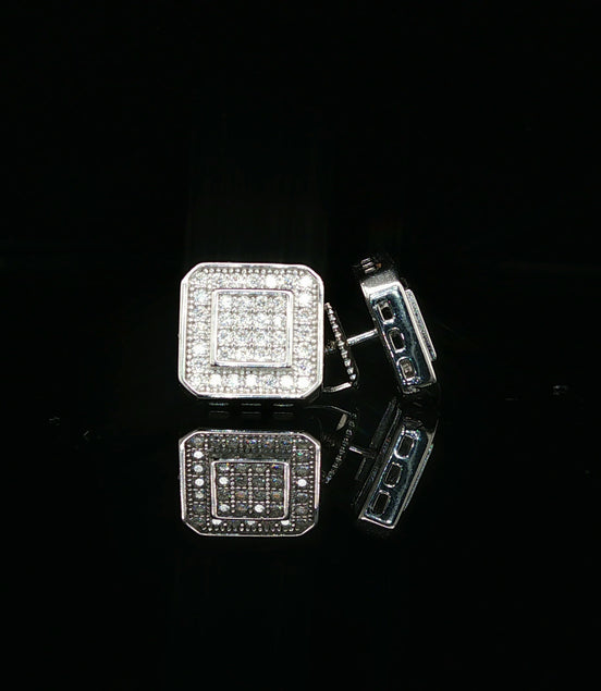 Men's Iced Out Tiered Square Stud Earrings – 925 Sterling Silver | VVS Moissanite | 3D Halo Architecture