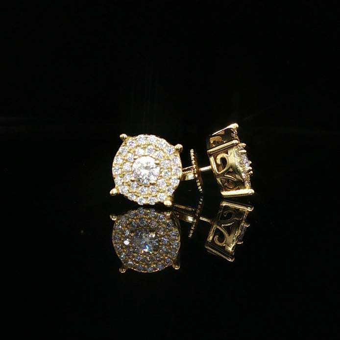 Men's Iced Out Round Halo Stud Earrings – 14K Gold Over 925 Silver | VVS Moissanite | 3D Filigree Gallery