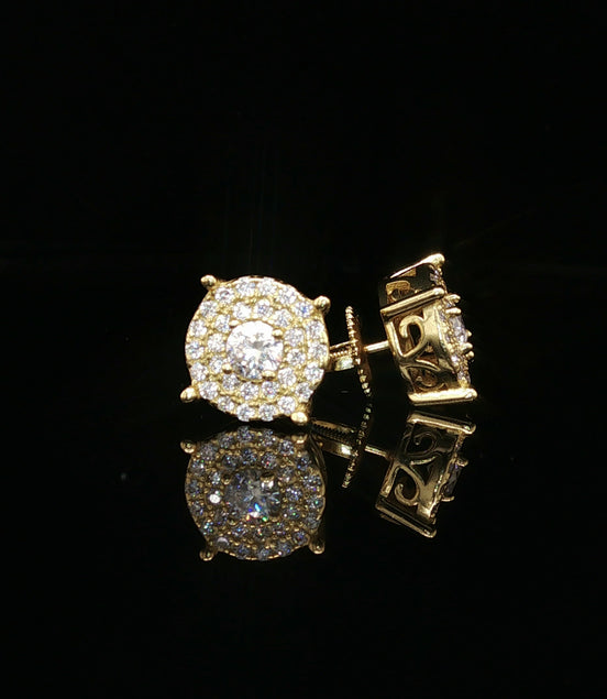 Men's Iced Out Round Halo Stud Earrings – 14K Gold Over 925 Silver | VVS Moissanite | 3D Filigree Gallery