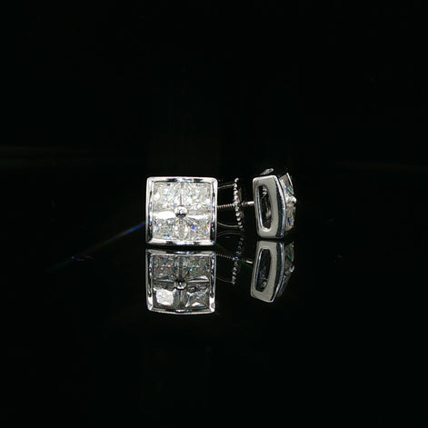 Men's Invisible-Set Princess Cut Stud Earrings – 925 Sterling Silver | VVS Moissanite | Seamless "Big Rock" Look